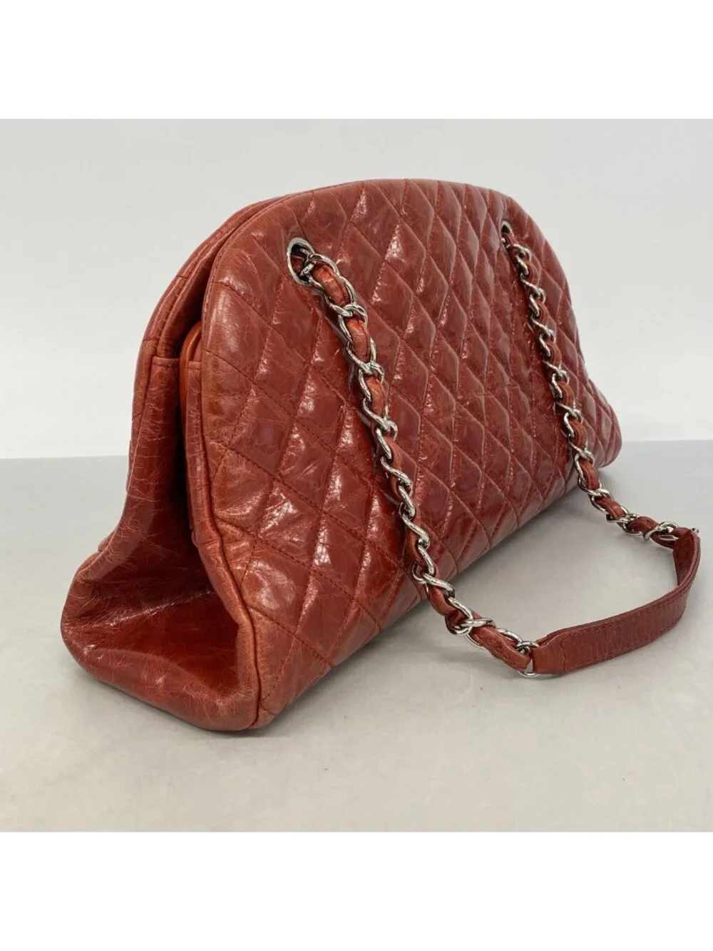 Chanel Shoulder Bag Quilted Leather Red Silver